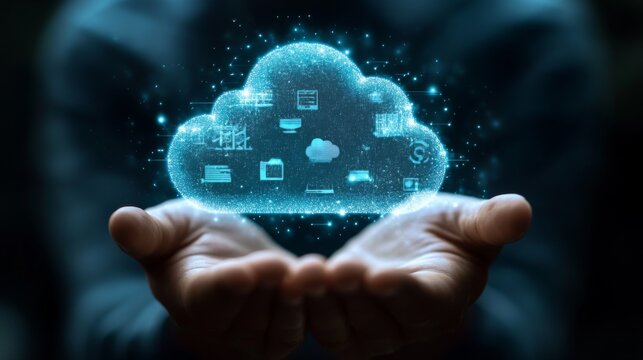 Person hand holding a virtual cloud representing how digital transformation is accelerating as businesses adopt cloud-based solutions to enhance agility and streamline operations
