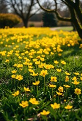 Obraz premium A serene park scene features a vibrant field of yellow flowers, a tree with mossy bark, and a path leading to a distant tree, all bathed in sunlight and bathed in a warm, inviting color palette