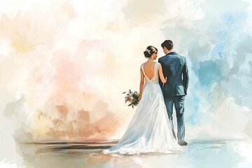 A romantic watercolor illustration of a bride and groom standing together, symbolizing love and unity on their wedding day.