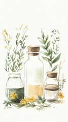 A serene collection of glass jars featuring herbs and flowers, perfect for nature-inspired decor or botanical illustrations.