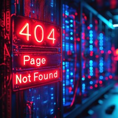 Neon "404 Page Not Found" Sign with Digital Server Background for Tech Concept