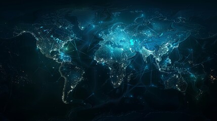 Futuristic luminous world map showcasing global connectivity against a dark background