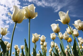 A field of white tulips with yellow centers, arranged in a row, is set against a clear blue sky with white clouds, captured from a low angle emphasizing their height and grandeur
