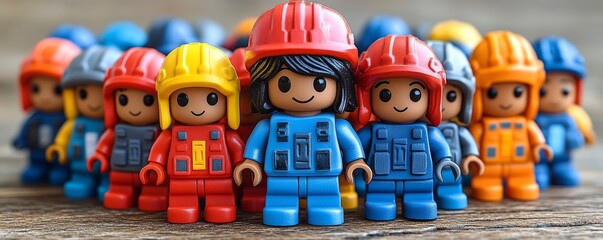 A colorful collection of toy figurines wearing helmets, showcasing teamwork and playfulness in a vibrant setting.