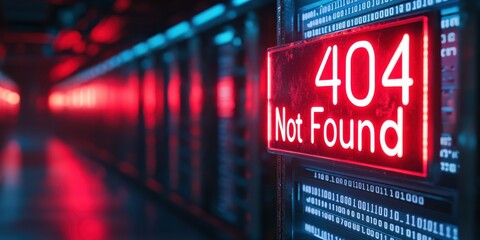 Neon "404 Page Not Found" Sign with Digital Server Background for Tech Concept
