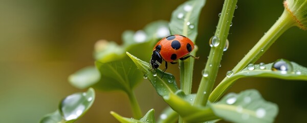 A vibrant ladybug with black and orange stripes, facing right, is perched on a green leaf with water droplets, surrounded by a blurred green background, creating a serene and captivating scene
