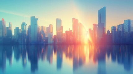 Picture of modern skyscrapers of a smart city, futuristic financial district with buildings and reflections , blue color background for corporate and business template with warm sun rays of light