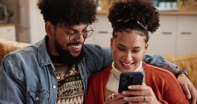 Cellphone, happy and couple on sofa in home for online celebrity gossip, social media or website blog. Relax, gen z and young man and woman reading entertainment news on phone in living room at house