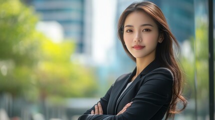 Fototapeta premium Portrait of a beautiful Asian woman in suit outdoors with a blurry business center in backdrop. with copy space