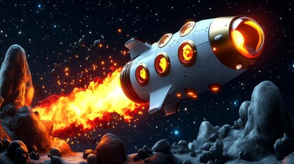 Fototapeta premium A futuristic rocket launches into space, leaving a trail of flames, surrounded by asteroids in a vibrant cosmic scene.