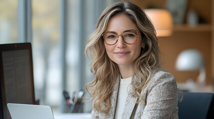 Businesswoman using a tablet and laptop in the office, engaging in digital communication, managing tasks, working on financial analysis in a corporate environment, smiling as she works