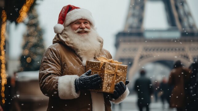 Santa Claus shows a close-up gesture very well, everything is fine, on a red background