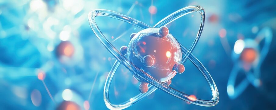 Close-up of an atom model showing electrons and protons in a glowing blue environment