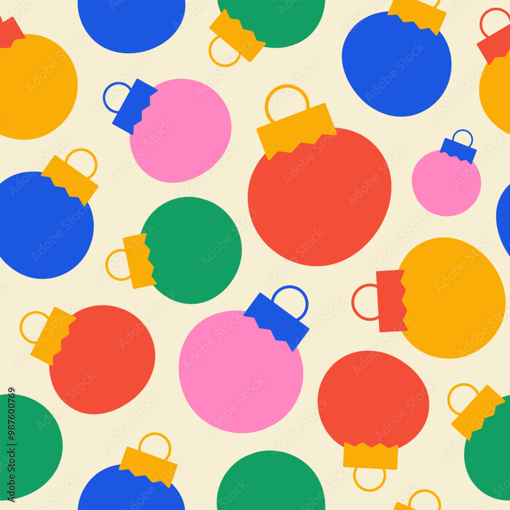 Poster christmas seamless pattern with minimalist colorful geometric balls on a beige background. vector il