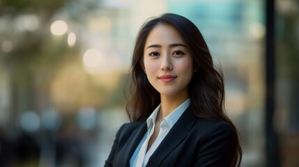 Obraz premium Portrait of a beautiful Asian woman in suit outdoors with a blurry business center in backdrop. with copy space
