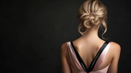 Portrait of a beautiful blonde young woman wearing a pale pink and black satin dress looking at her from behind showing her pretty neck and back. with copy space