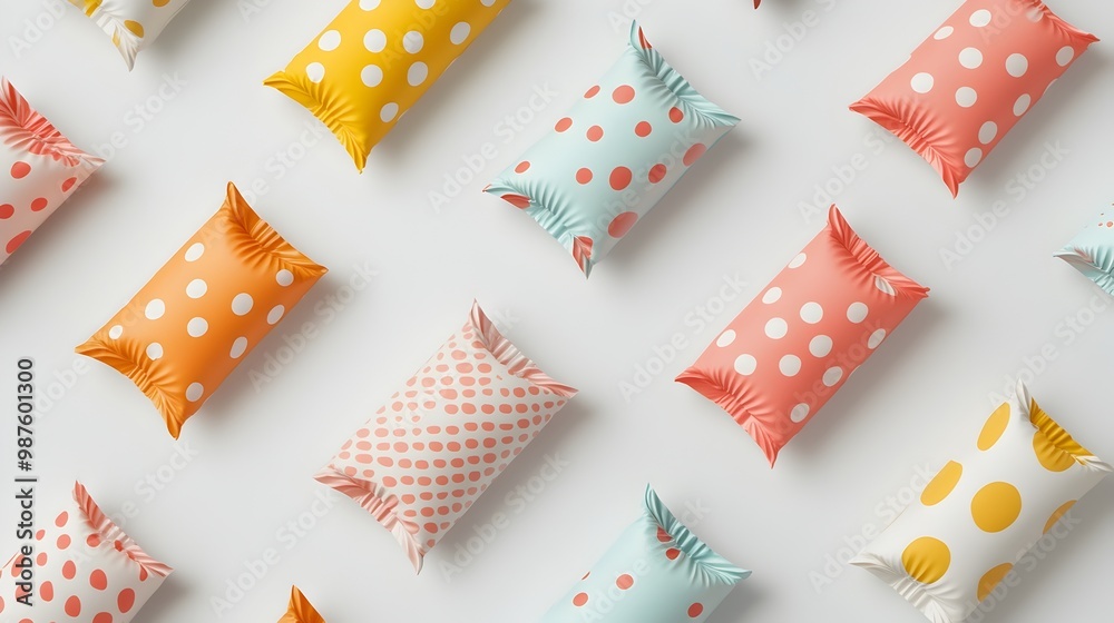 Poster minimalist 3d rendered of various candy wrappers with simple geometric patterns dots and stripes in 