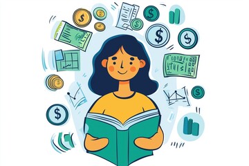 A young woman reading a book surrounded by various financial symbols, emphasizing the importance of financial education and literacy.
