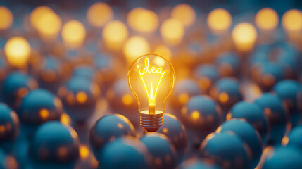 The concept of discovery, idea, problem solving, leadership. Light bulbs as a collective, a team. Light bulb with the word idea.