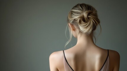 Portrait of a beautiful blonde young woman wearing a pale pink and black satin dress looking at her from behind showing her pretty neck and back. with copy space