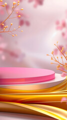 3D Render of Pink Podium with Golden Cloth for Beauty or Feminine Product Advertisement. Vertical Template for Social Media Promotional Content