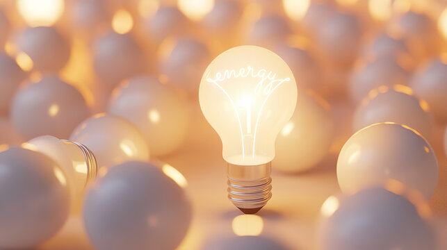 Background with light bulbs. Word on one '' energy'' on a grey background. Concept of energetic, active, healthy and successful life.