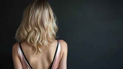 Naklejka premium Portrait of a beautiful blonde young woman wearing a pale pink and black satin dress looking at her from behind showing her pretty neck and back. with copy space