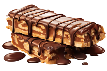 chocolate bar with peanut butter and chocolate drizzled on transparent background 