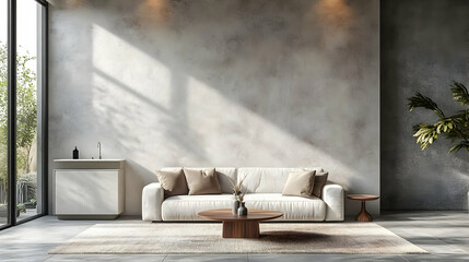 Modern Living Room Interior Design with White Sofa and Wooden Coffee Table - 3D Illustration