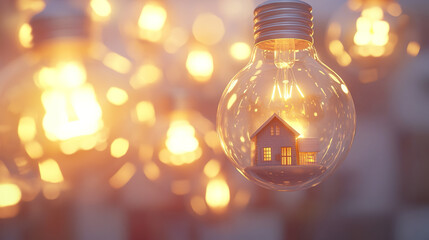 House in a light bulb. The concept of home lighting, energy conservation, building houses.