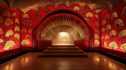 Obraz premium Classic Spanish fan pattern in vibrant reds and gold creates an elegant and artistic wall decor piece.