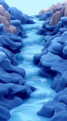Obraz premium A serene blue river flows through abstract rocky formations, creating a peaceful atmosphere in a vibrant, dreamlike setting.