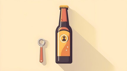 Minimalist flat design of a brown beer bottle with a metal cap opener lying beside it on a plain background  This simple clean and stylish image can be used for various beverage bar