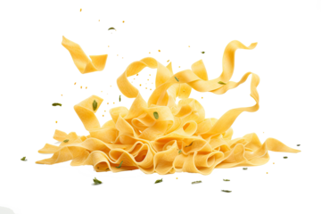 Pile of raw Fettuccine Tagliatelle pasta tossed flying in the air with sprinkle cheese