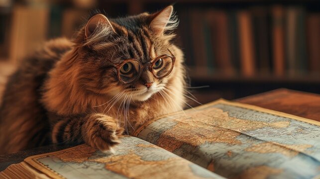 Focused fluffy cat looking at a map great for travel exploration themes or educational geography illustrations