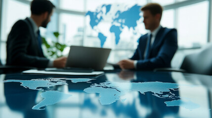 A business consultant explaining market trends in various global regions to a client in an office setting