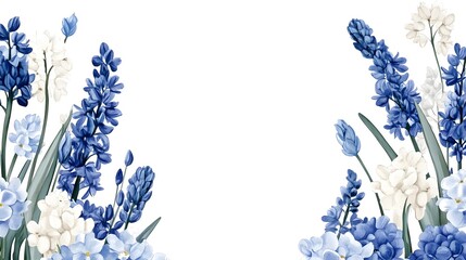 Blue and white flowers, hyacinth border on the right side, watercolor clipart with a solid background