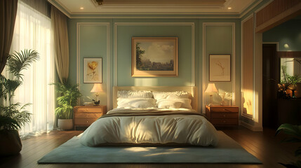 Bedroom Interior Design with Green Walls, Wooden Floor, and White Bed