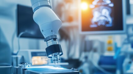 Close-up of a robotic arm performing a precise surgical operation in a sterile medical environment with advanced technology and skilled healthcare professional