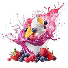 Topping fruit berry nuts raspberry blueberry splashing dropping into a bowl Soft serve gelato yogurt ice cream