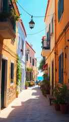 Fototapeta premium Narrow streets of a charming holiday town, lined with colorful buildings and vibrant flowers, inviting visitors to explore