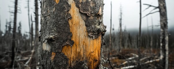 Close-up of a tree trunk scarred by acid rain in a desolate forest showcasing environmental damage and nature's resilience