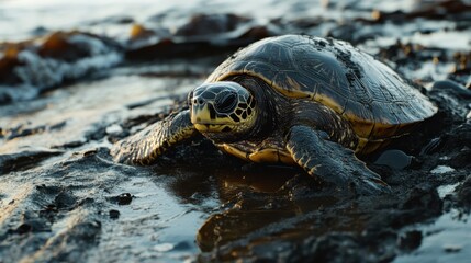 Close-up of a turtle entangled in plastic on a polluted beach, highlighting the impact of marine pollution on wildlife and the urgent need for environmental conservation efforts.