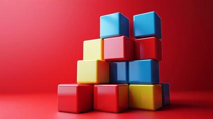 Obraz premium Colorful building blocks isolated on a red background. isolated. Ultra...