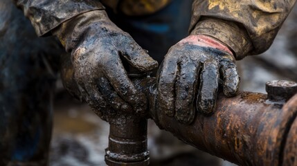 Close-up of a worker's hands covered in oil as they tighten a valve on industrial pipes, emphasizing manual labor and mechanical work