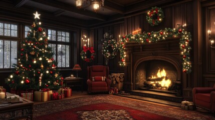 Cozy Christmas living room with a decorated tree, fireplace, and festive atmosphere.