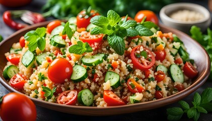 Fresh quinoa tabbouleh salad with tomatoes, peppers and cucumbers
