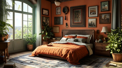 Bedroom Interior Design with Orange Walls, Bed, and Plants - 3D Illustration