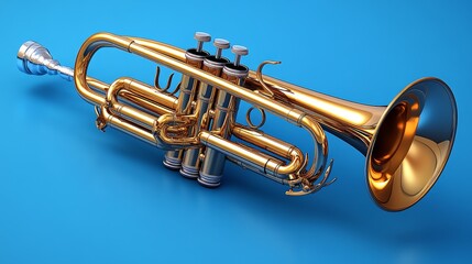 Obraz premium A shiny golden trumpet resting on a blue background, showcasing its elegant design and intricate features.