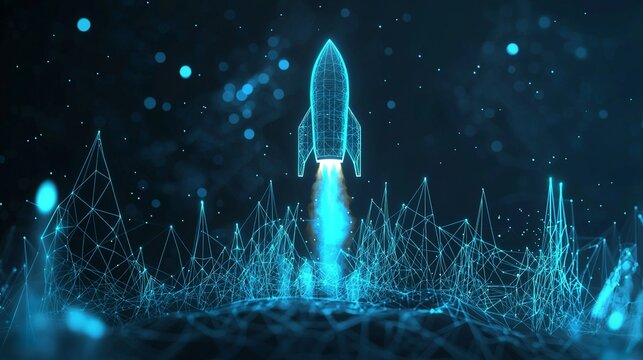 Abstract growth graph chart with launch rocket on technology blue background....